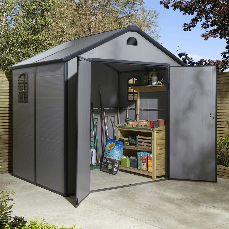image 1 of 8 x 6 (2.42m x 1.92m) Double Door Apex Plastic Shed - Light Grey