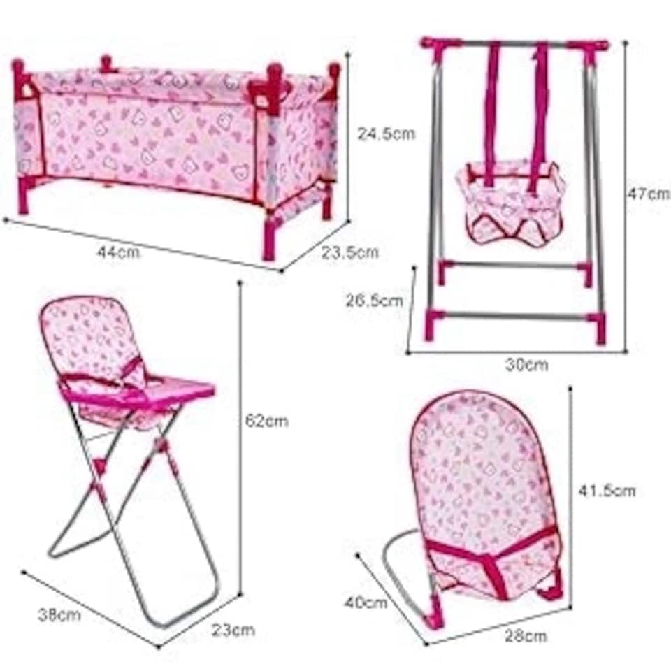 image 1 of 5-in-1 Baby Doll Play Set - with Cot, Swing & High Chair Cot Bed, Bouncer, Adjustable Swing Seats & High Chair