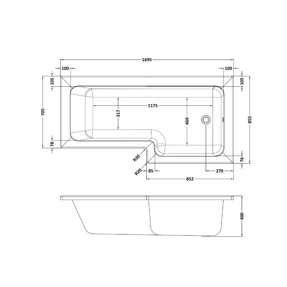 image 1 of 1700mm Right Hand L Shape Bathtub, Front Panel with Bath Screen - Satin Black Profile White