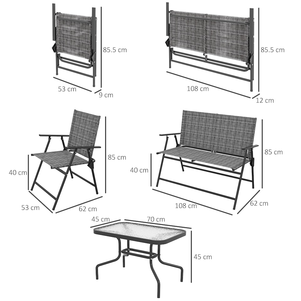 image 1 of Outsunny Outdoor 4 Pieces Patio Furniture Set with Breathable Mesh Fabric Seat & Backrest, Garden Set with Two Foldable Armchairs, a Loveseat & Glass Top Table, Mixed Grey