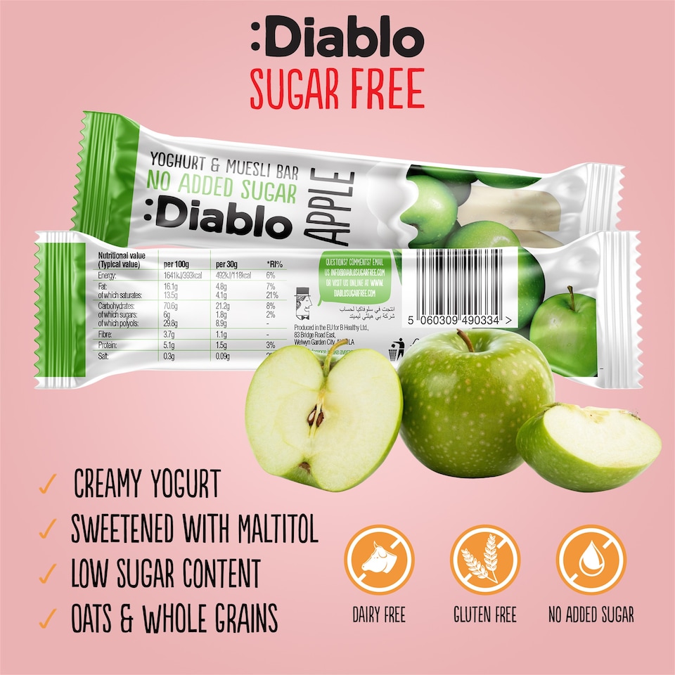 image 1 of Diablo No Added Sugar Yoghurt and Apple Muesli Bar 30g 4 Pack