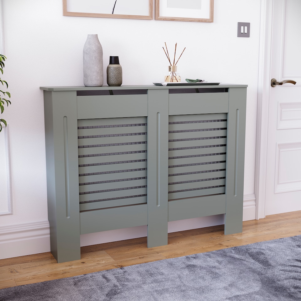 image 1 of Vida Designs Milton Radiator Cover Painted MDF Slatted Cabinet, Grey, 111cm