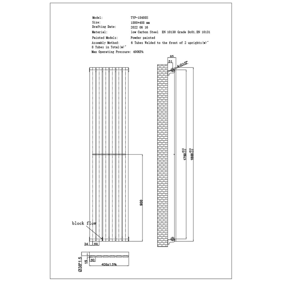 image 1 of Typhoon - Black Vertical Radiator H1800mm x W408mm Single Panel