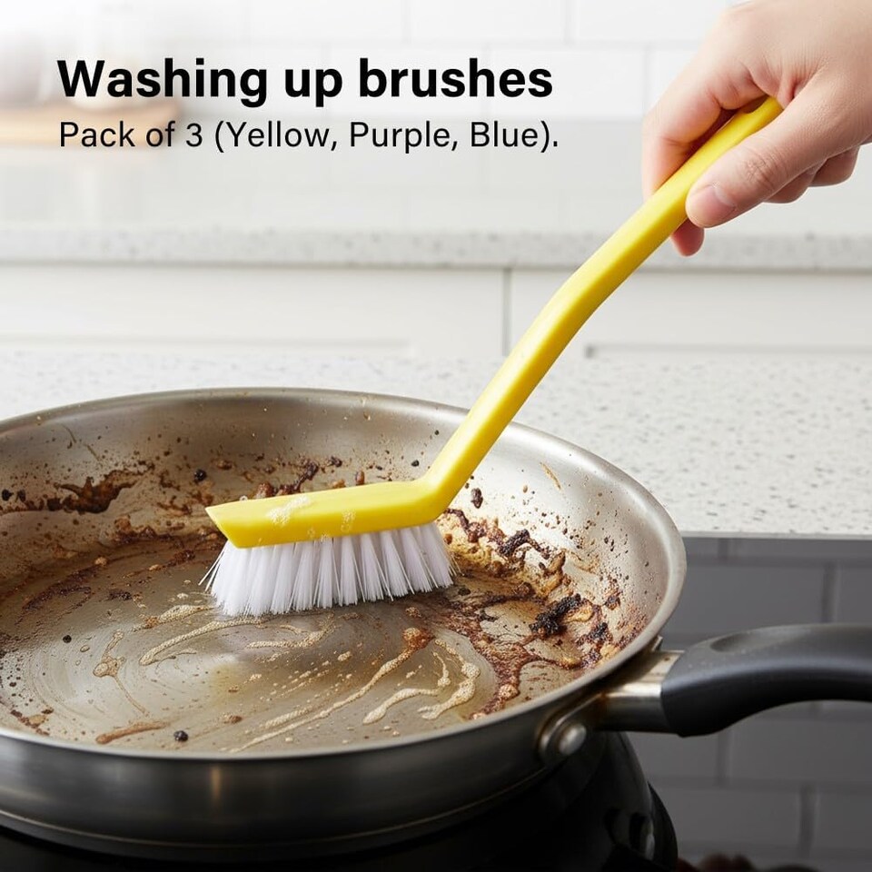 image 1 of 3Pcs Washing Up Brushes Non Slip Grip Built In Scraper Hanging Hole Cleaning