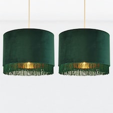 First Choice Lighting Set of 2 Spruce Green Velvet With Gold Inner Tassled Light Shades Green | Gold