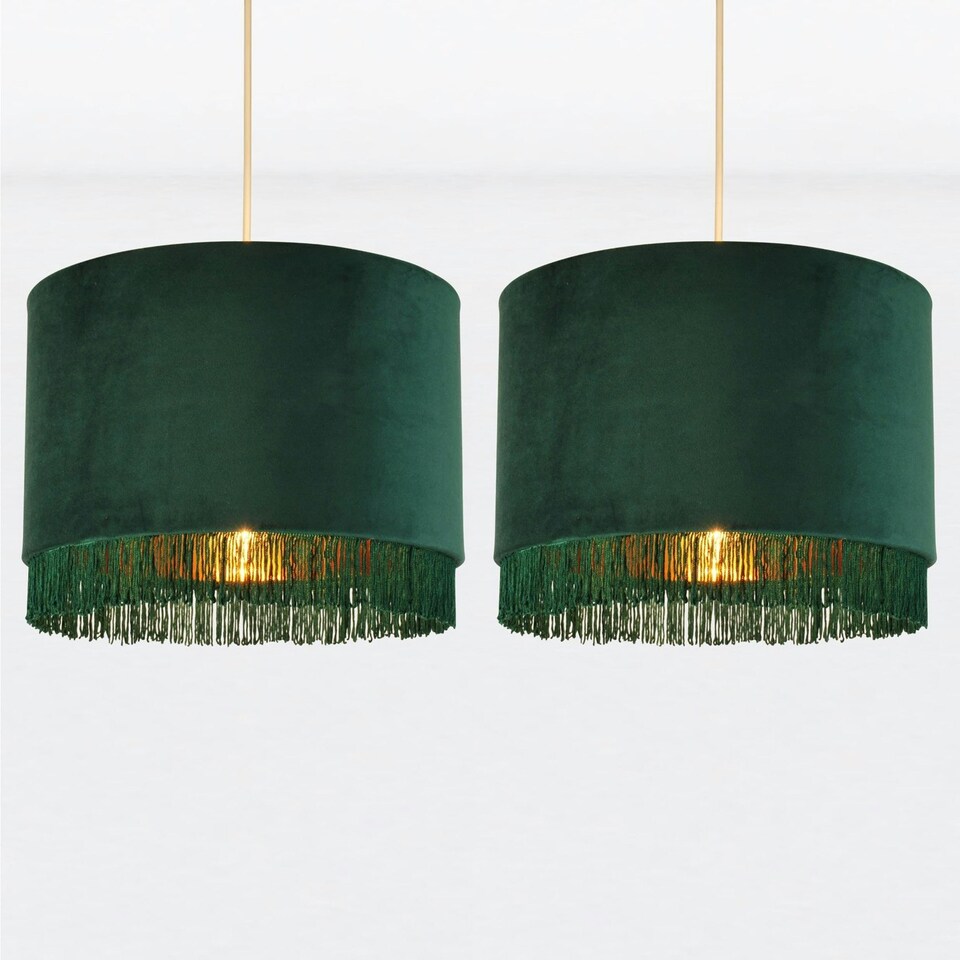 image 1 of First Choice Lighting Set of 2 Spruce Green Velvet With Gold Inner Tassled Light Shades Green | Gold