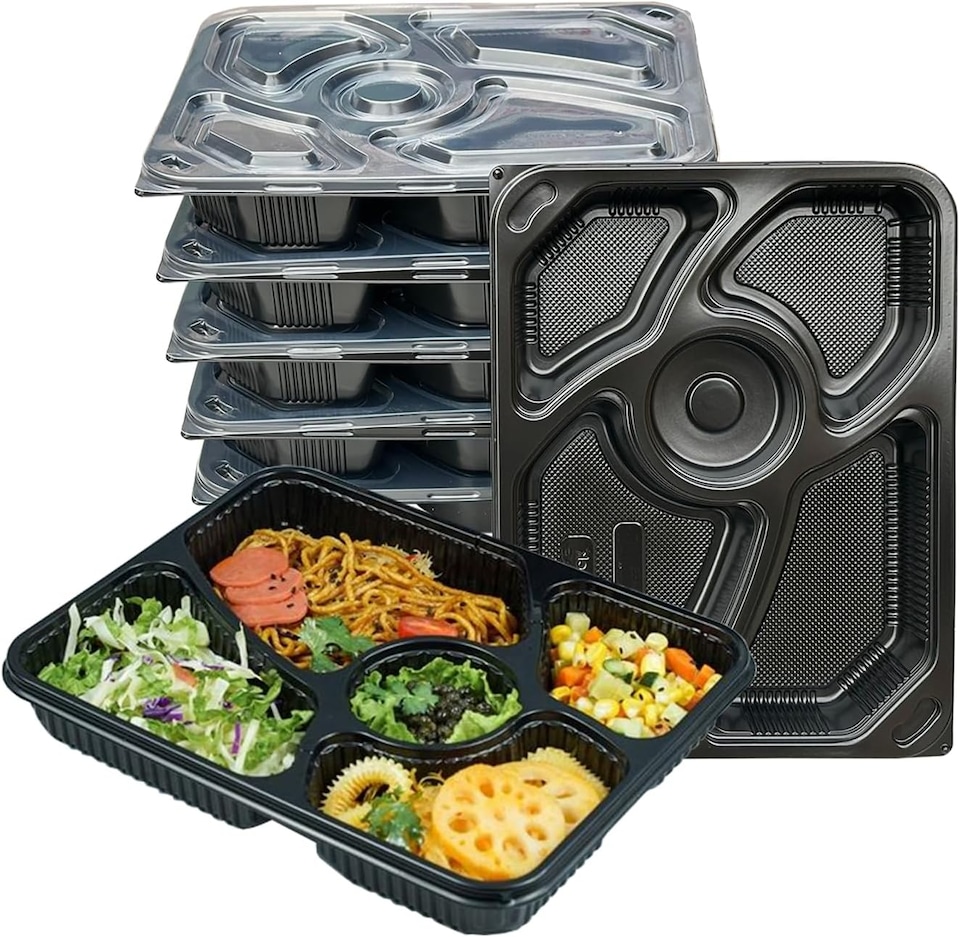 image 1 of 5 Compartment Black Meal Prep Containers With Lid Plastic Microwave Safe Food Storage Box 30pc