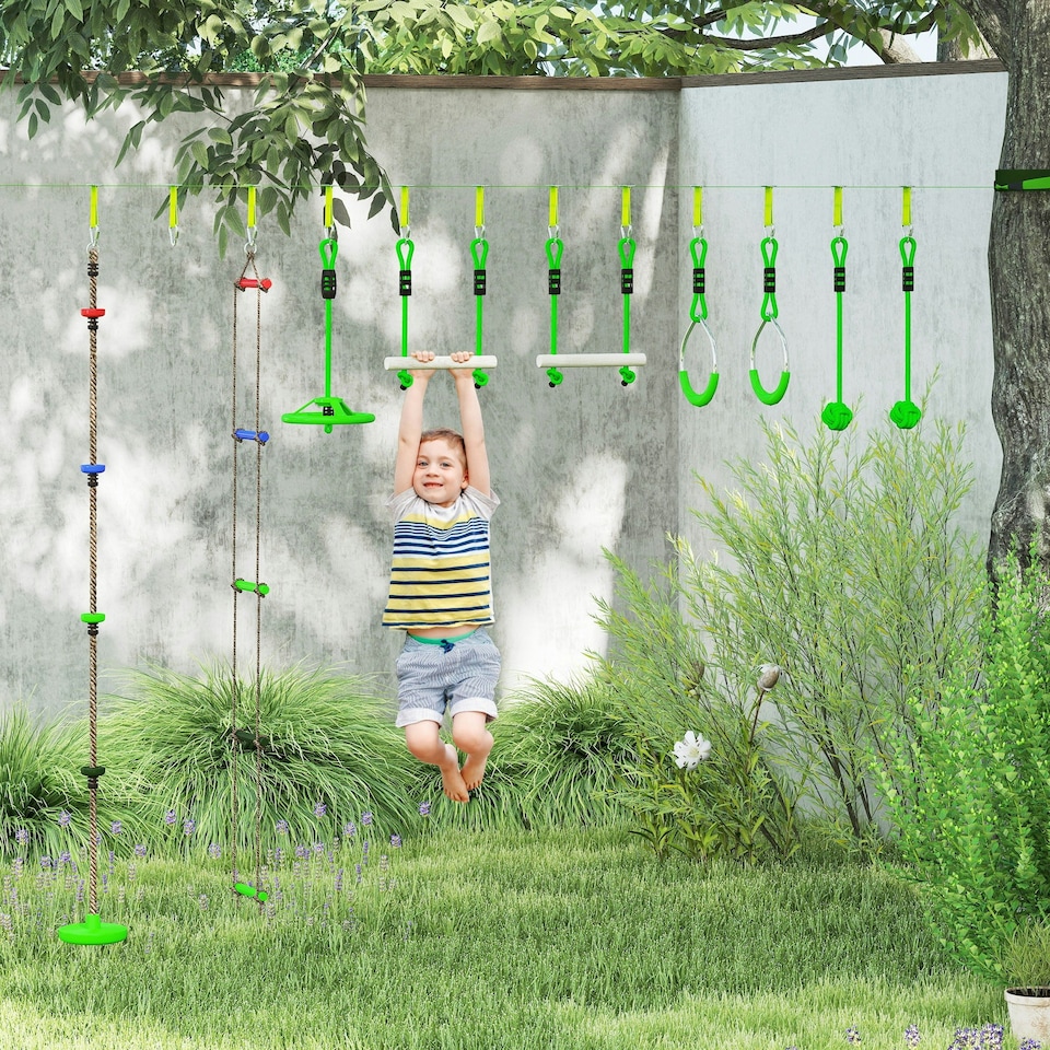 image 1 of AIYAPLAY Obstacle Course for Kids with 10PCs Slackline Kit, Green