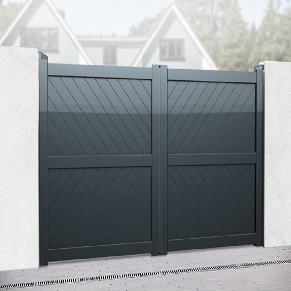 image 1 of Double Swing Gate 3500x1600mm Grey - Diagonal Solid Infill and Flat Top Grey