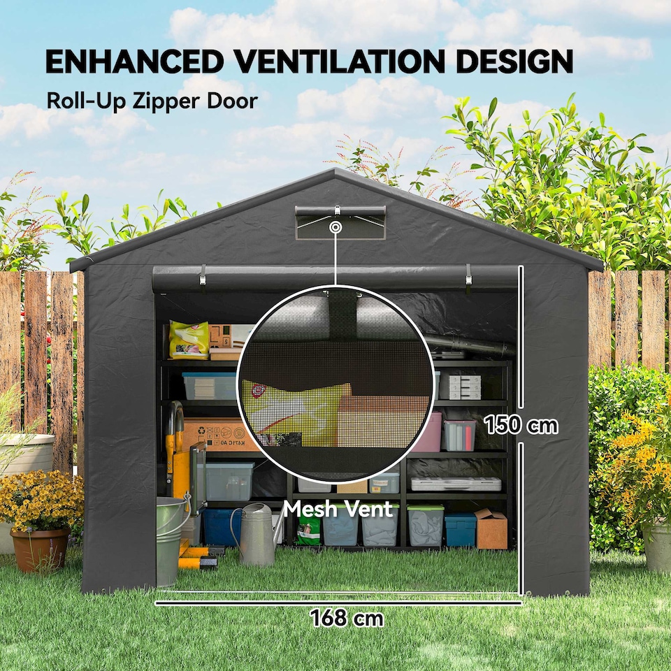 image 1 of Outsunny 8 x 6 ft Garden Storage Shed with Roll-up Zipper Door, Dark Grey