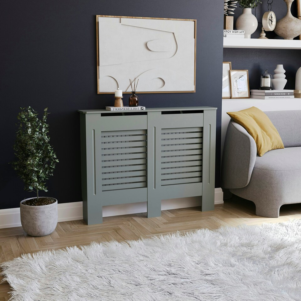image 1 of Vida Designs Milton Radiator Cover Painted MDF Slatted Cabinet, Grey, 111cm