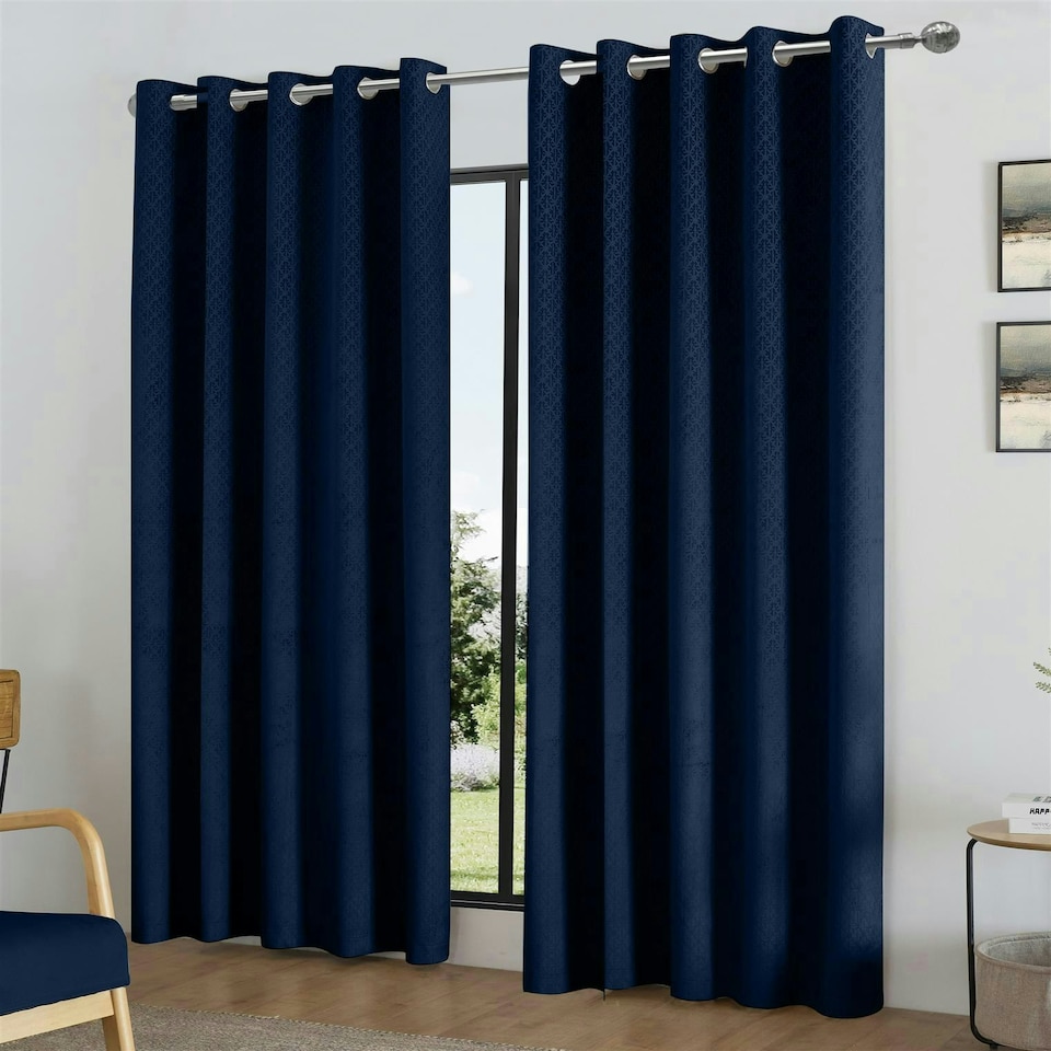 image 1 of Temple Velvet Ring Top Blackout Curtains - 168cm x 183cm - Navy
