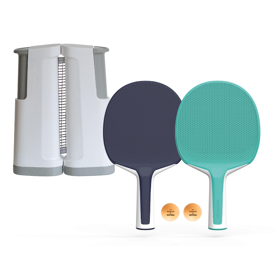 image 1 of Decathlon Table Tennis Set with Posts, Adjustable Rollnet, 2 Bats and 2 Balls - White/Grey