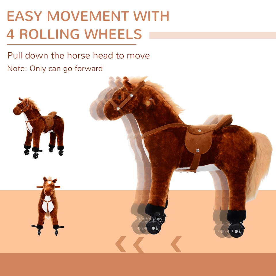 image 1 of HOMCOM Plush Walking Horse Ride On Toy with Wheels and Realistic Sounds Rocking Horse for Girls Boys 2 Plus Years Old, 50cm Tall, Brown