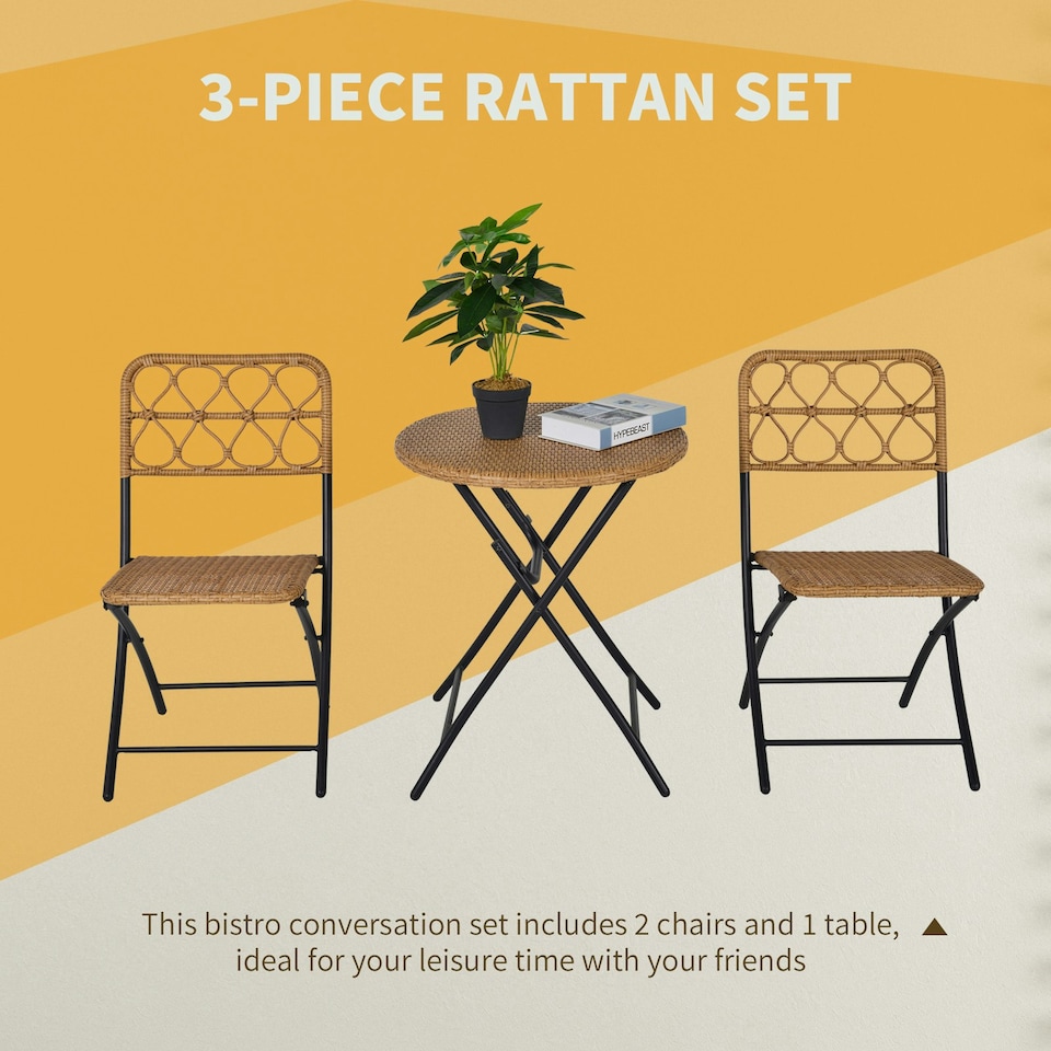 image 1 of Outsunny 3 PCS Folding Rattan Wicker Bistro Set, Coffee Table Set