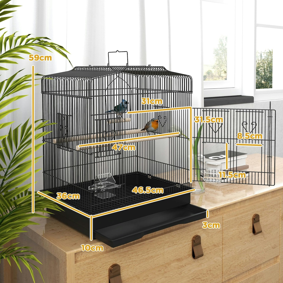 image 1 of PawHut 59cm Large Bird Cage with Perches, Food Bowls, Swing, Black