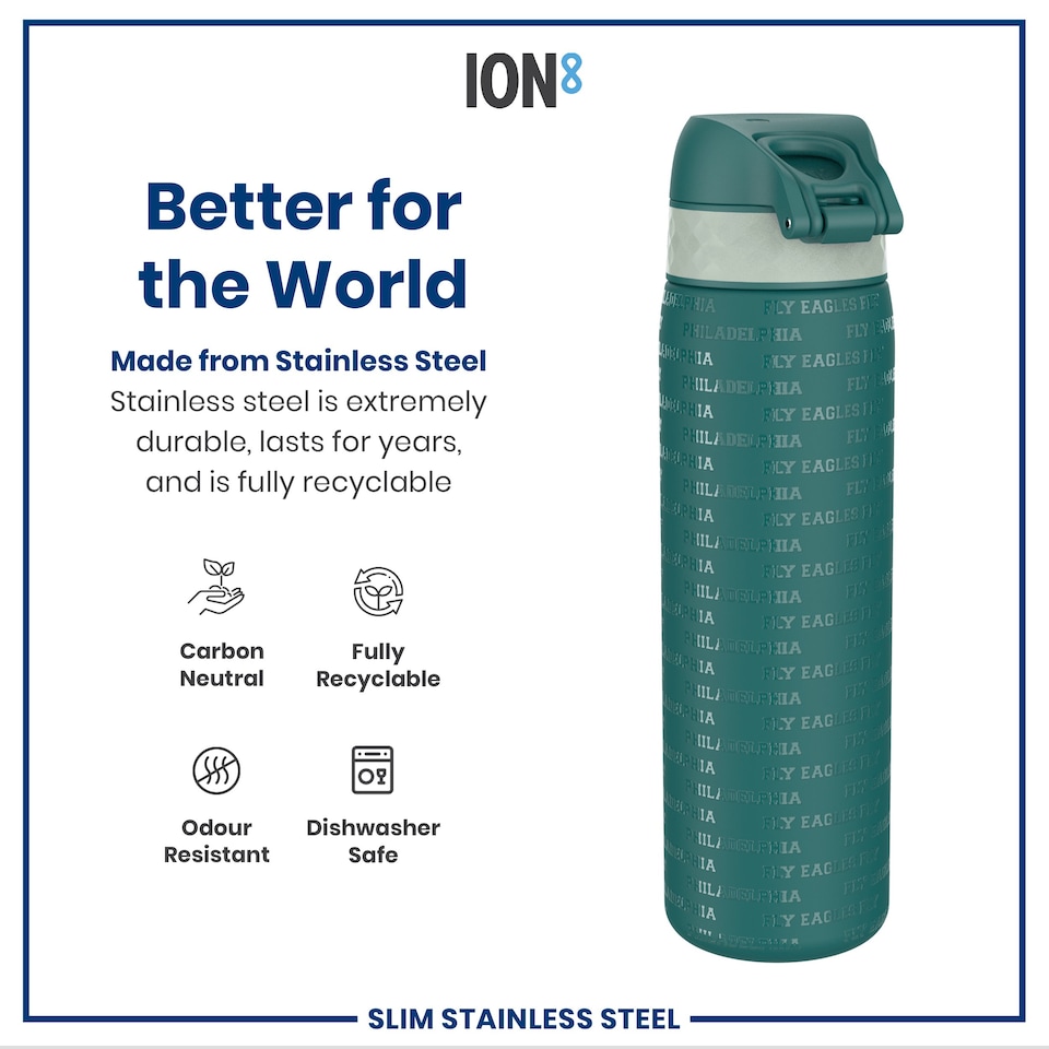 image 1 of Leak Proof Slim Water Bottle, Stainless Steel, NFL, 600ml (20oz) | Green | NFL Eagles | One Size