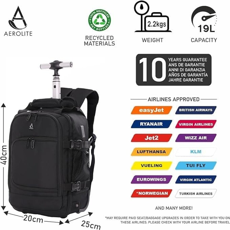 image 1 of Aerolite 40x20x25 Ryanair Maximum Size Backpack Trolley Bag with 2 Wheels Cabin Luggage Approved Extendable Handle Travel  Holdall Rucksack with 10Year Warranty Black