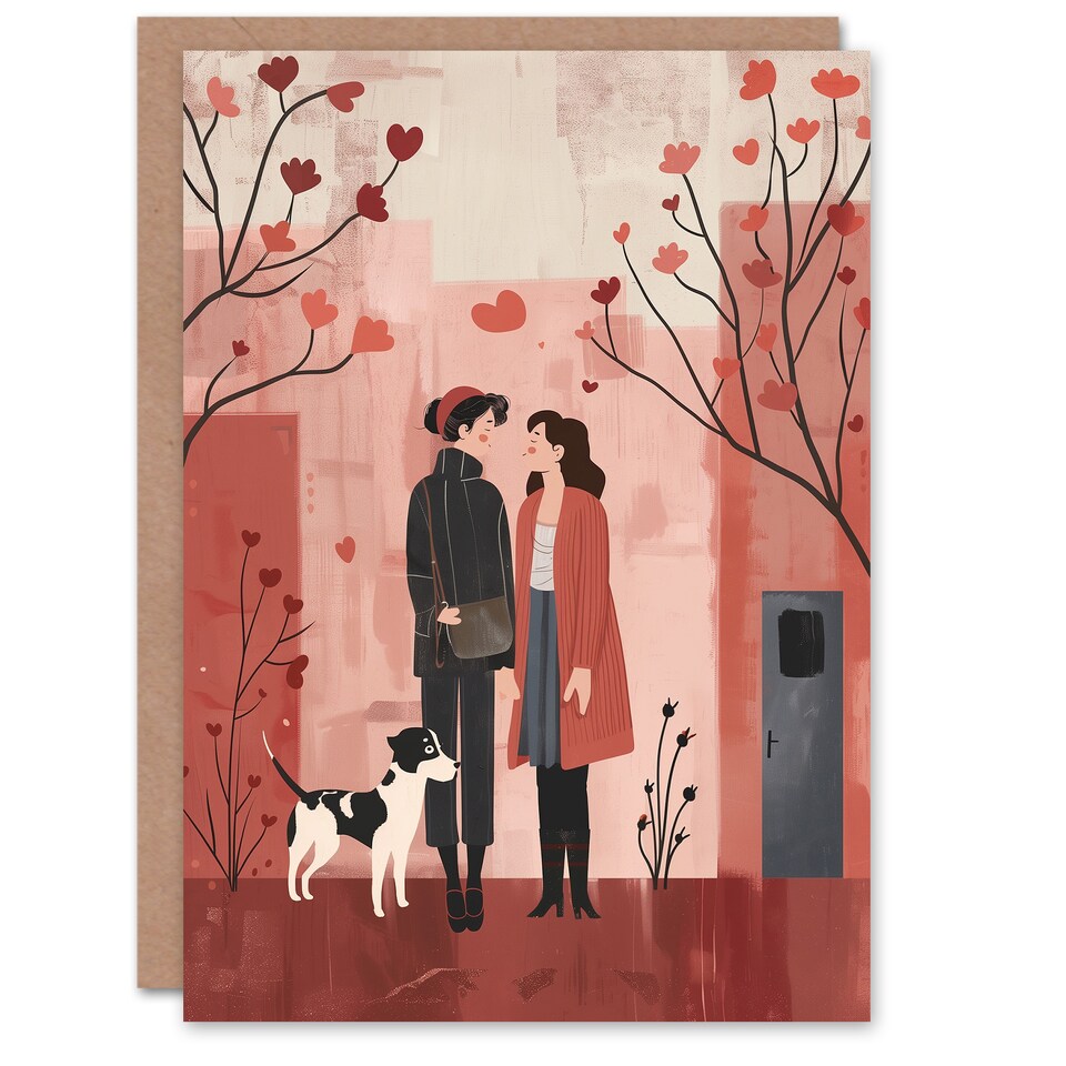 image 1 of Lgbtq Couple on Romantic Walk With Pet Dog Valentine's Day Card