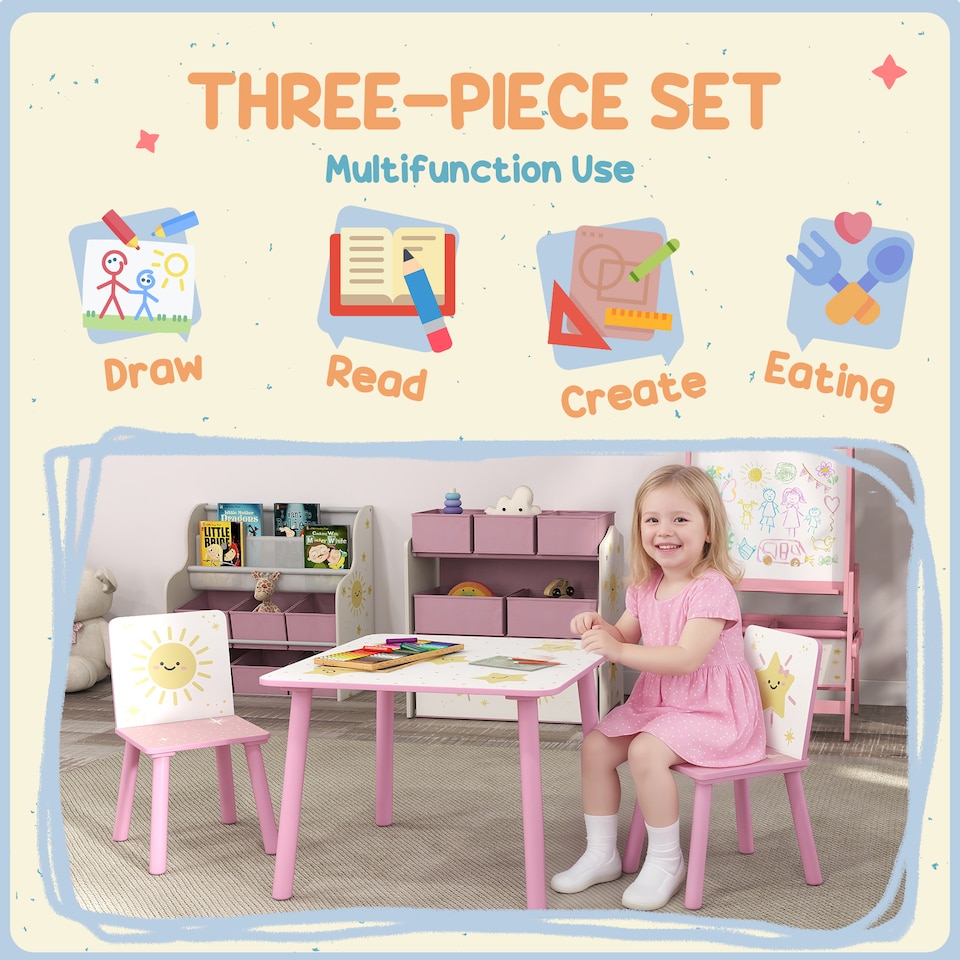 image 1 of AIYAPLAY 3-Piece Kids Table and Chair Sets, Kids Table with 2 Chairs Set Furniture with Star Pattern for Boys and Girls, Bedroom, Nursery, Playroom, Pink | Pink