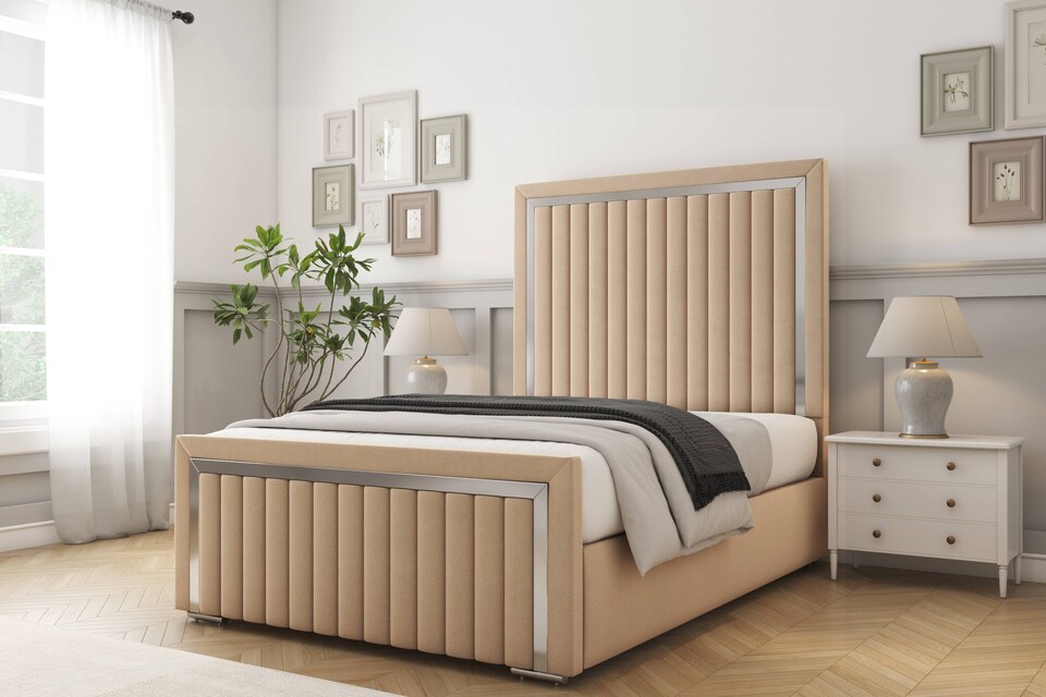 image 1 of Sloomy Boston Chrome Pebble Plush Bed Frame With 50" Upholstered Headboard 6' Super King
