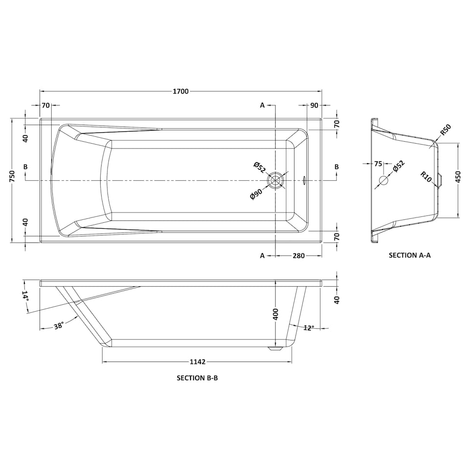 image 1 of Square Single Ended Straight Whirlpool Bath with 8 Chrome Jets and Leg Set, 1700 x 750mm White