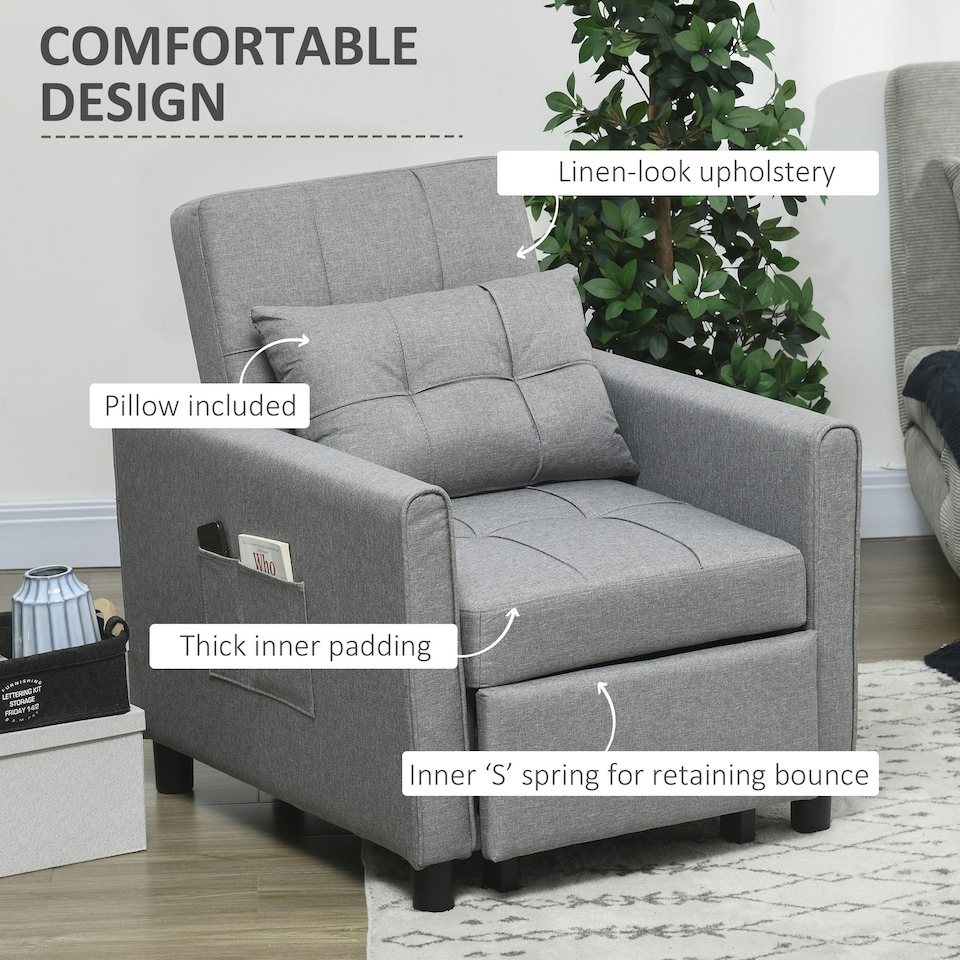 image 1 of HOMCOM Pull Out Chair Bed, Sleeper Chair with Pillow Light Grey