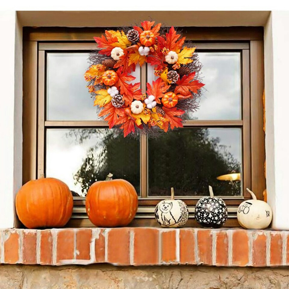 image 1 of Living and Home Autumnal Halloween Door Decorative Wreath Maple Pumpkin