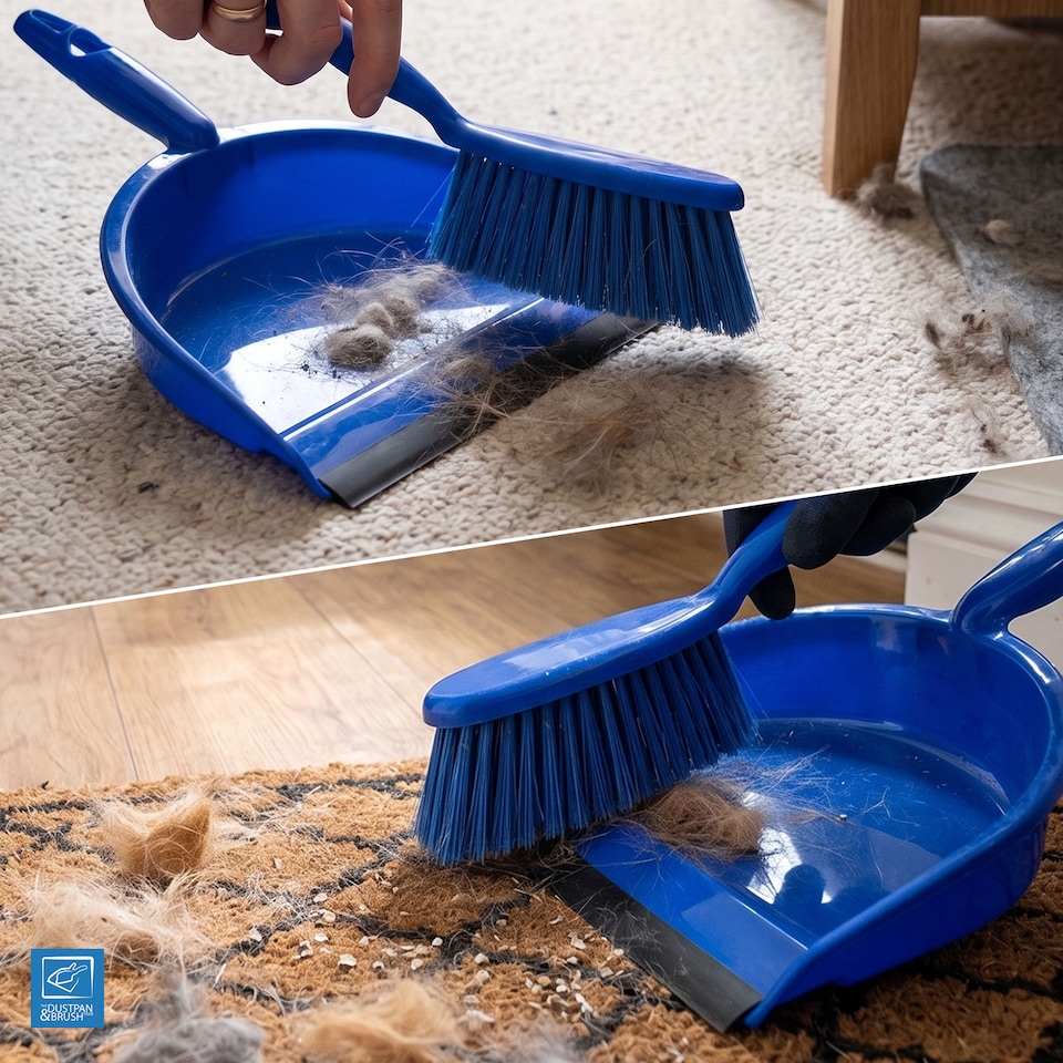 image 1 of Colour Coded Dustpan and Brush Sets Wide Plastic Dustpan with Rubber Lip and Soft Bristle Brush