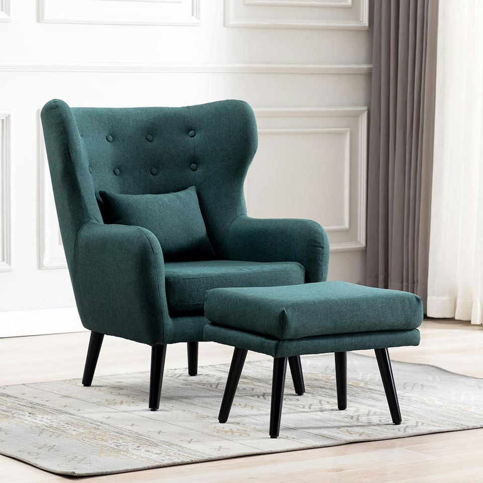 image 1 of Winslow Wing Back Fabric Occasional Button Back Armchair w Footstool (Green)