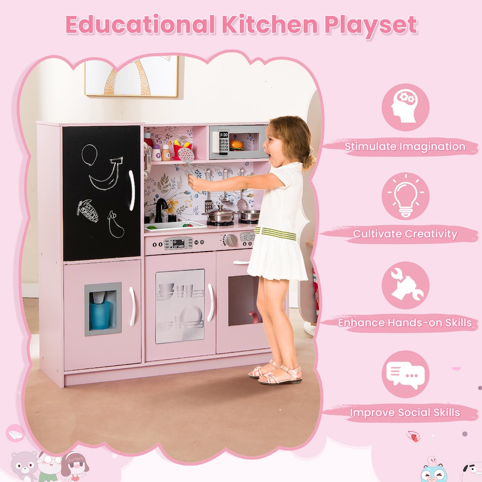 image 1 of COSTWAY Wooden Play Kitchen Kids Pretend Play Toy Microwave Ice Make Pink