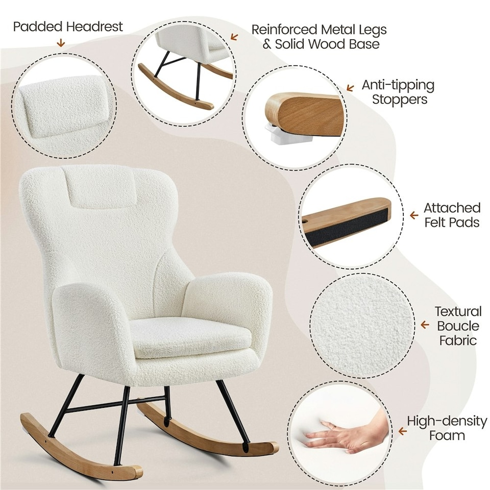 image 1 of Yaheetech High Back Rocking Accent Chair with Beech Wood Legs | White | Ivory