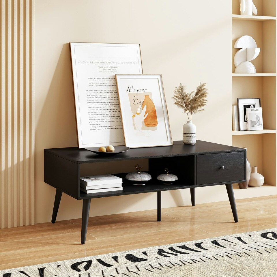 image 1 of COSTWAY 109 CM Coffee Table with Drawer and Storage Shelf Black Black