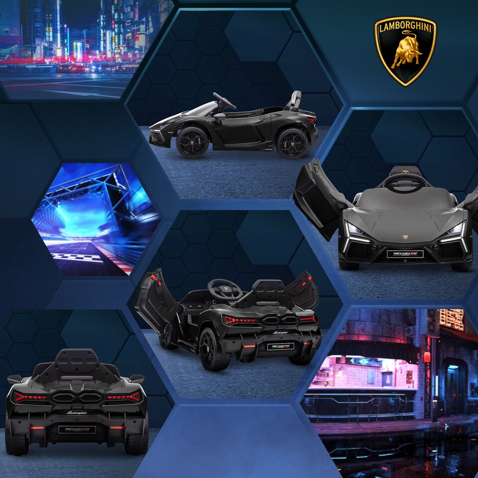 image 1 of AIYAPLAY Lamborghini Revuelto Licensed Kid Electric Car, 12V Kids Electric Ride On with Butterfly Doors, Suspension, Remote Control, LED Lights, Horn, USB, MP3 for 3-5 Years, Black