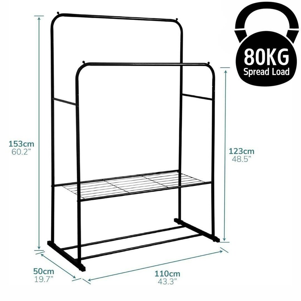 image 1 of Double Clothes Rail Heavy Duty Metal with Shoe Rack Garment Hanger Hat Bag Hooks Black | One Size