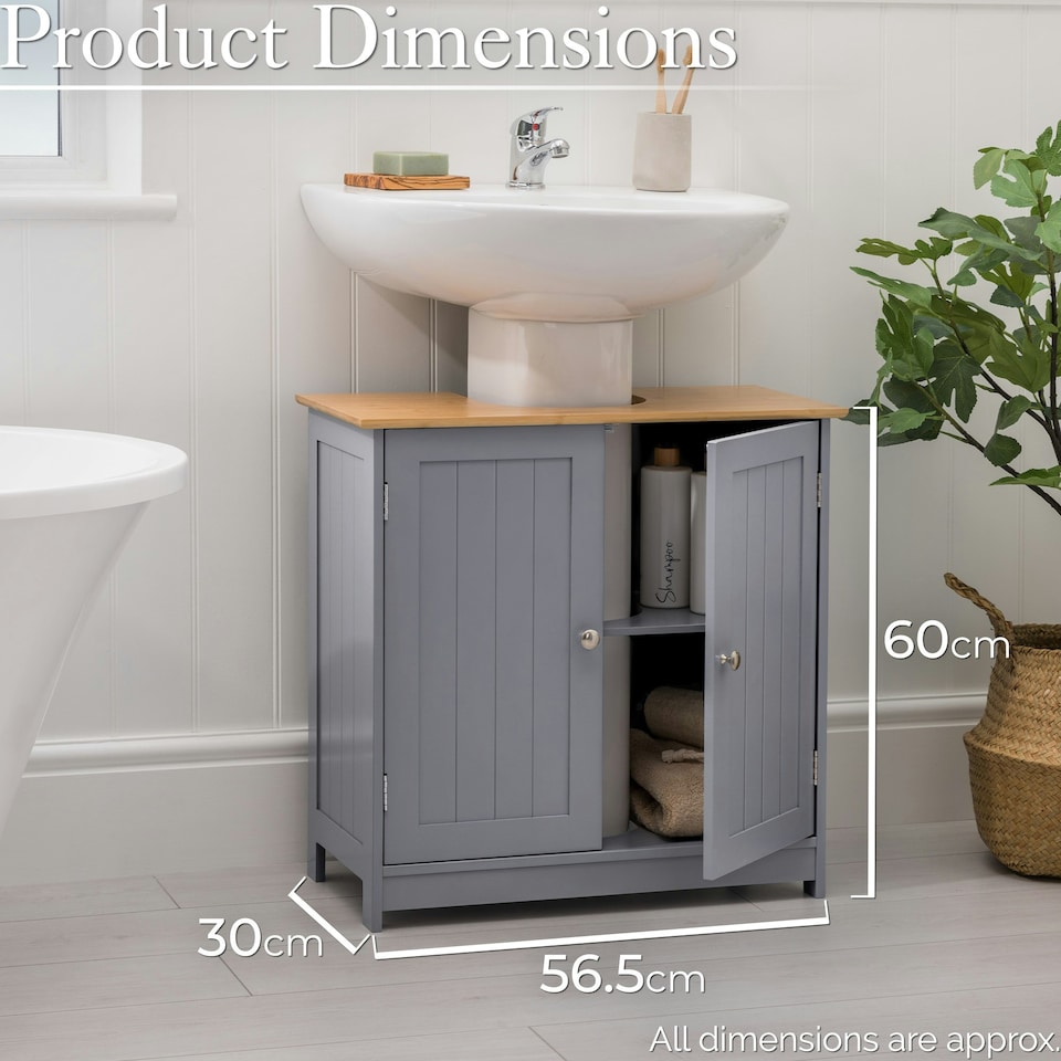 image 1 of Christow Bathroom Under Sink Cabinet Grey Bamboo Wooden Storage Cupboard Unit