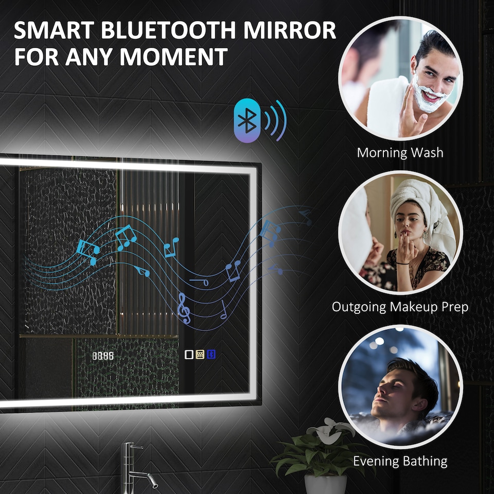 image 1 of HOMCOM 600 x 800 mm Bluetooth LED Bathroom Mirror, Illuminated Backlit Vanity Mirror with 3 Colours Dimmable, Clock, Anti-Fog, Memory Function, Touch Sensor, IP44 | Silver