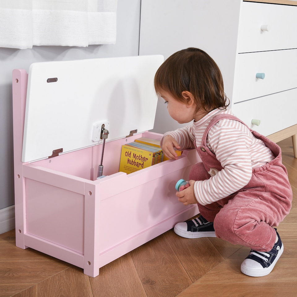 image 1 of HOMCOM 2 In 1 Wooden Toy Box, Seat Bench Storage Chest w Pneumatic Rod | Pink