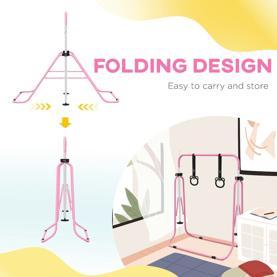 image 1 of HOMCOM Adjustable Height Foldable Kids Gymnastics Bar, Pink