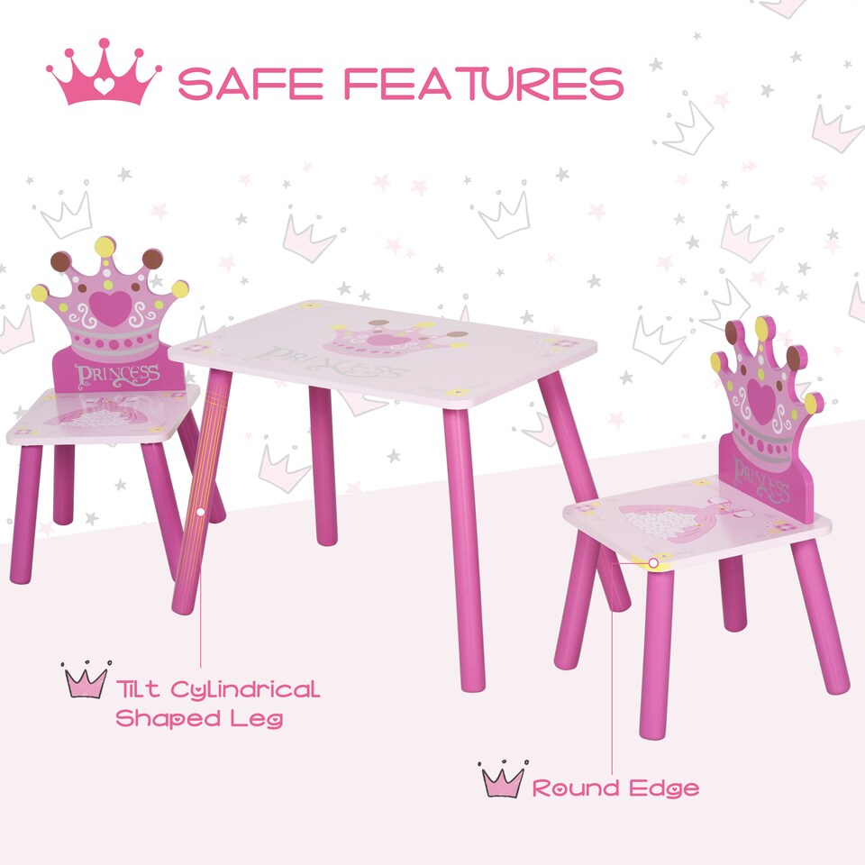 image 1 of HOMCOM 3 Pcs Kids Princess & Crown Chair Table Set Home Furniture 2-4 Yrs | Pink