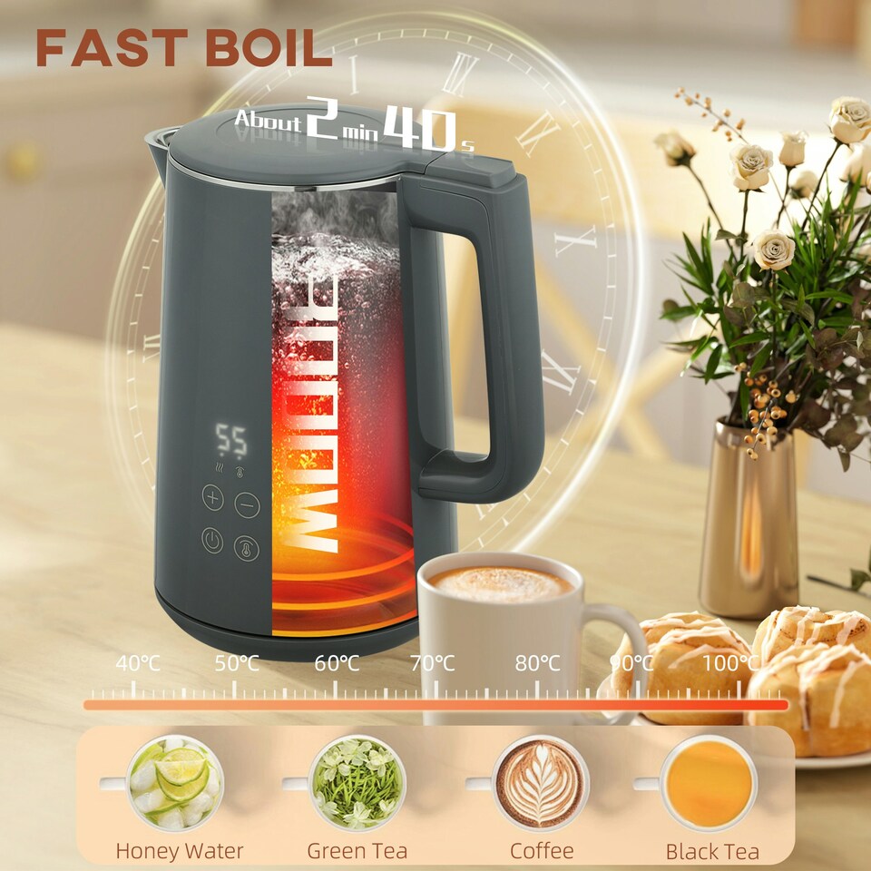 image 1 of HOMCOM 1.5L 3000W Fast Boil Electric Kettle and 2 Slice Toaster Set, Grey