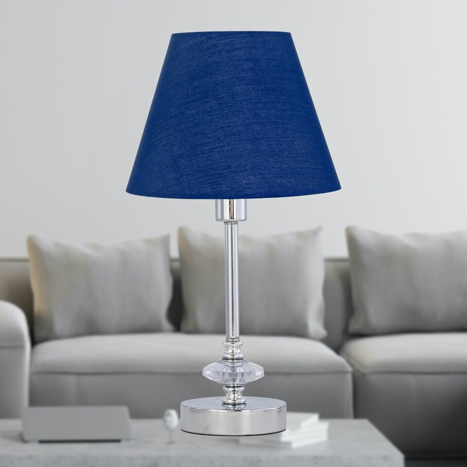 image 1 of Set of 2 Chrome Jewelled Table Lamps with Navy Blue Shades Chrome | Blue