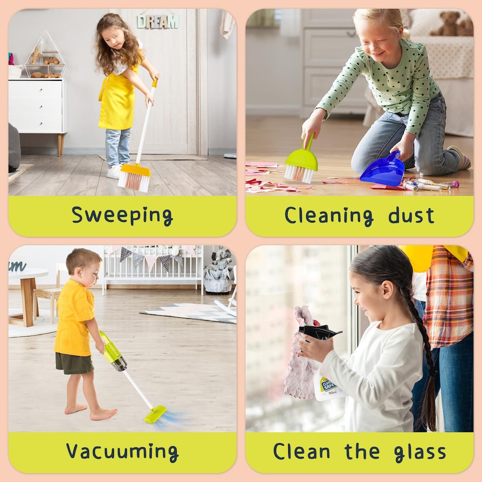 image 1 of Kids Play Trolley Cleaning Set – 12-Piece Pretend Housekeeping Cart with Broom & Dustpan Educational Role Play Toy for Ages 3–8