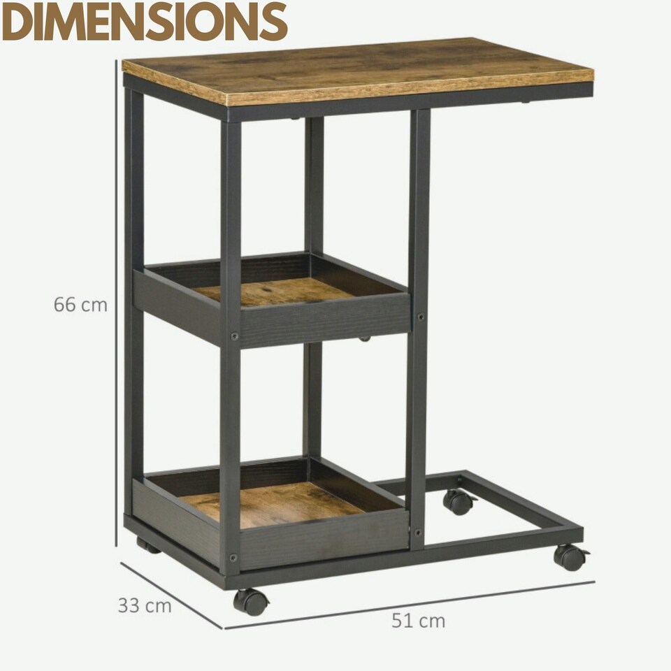 image 1 of Industrial C Shaped Side Table 3-Tier With Wheels Brown
