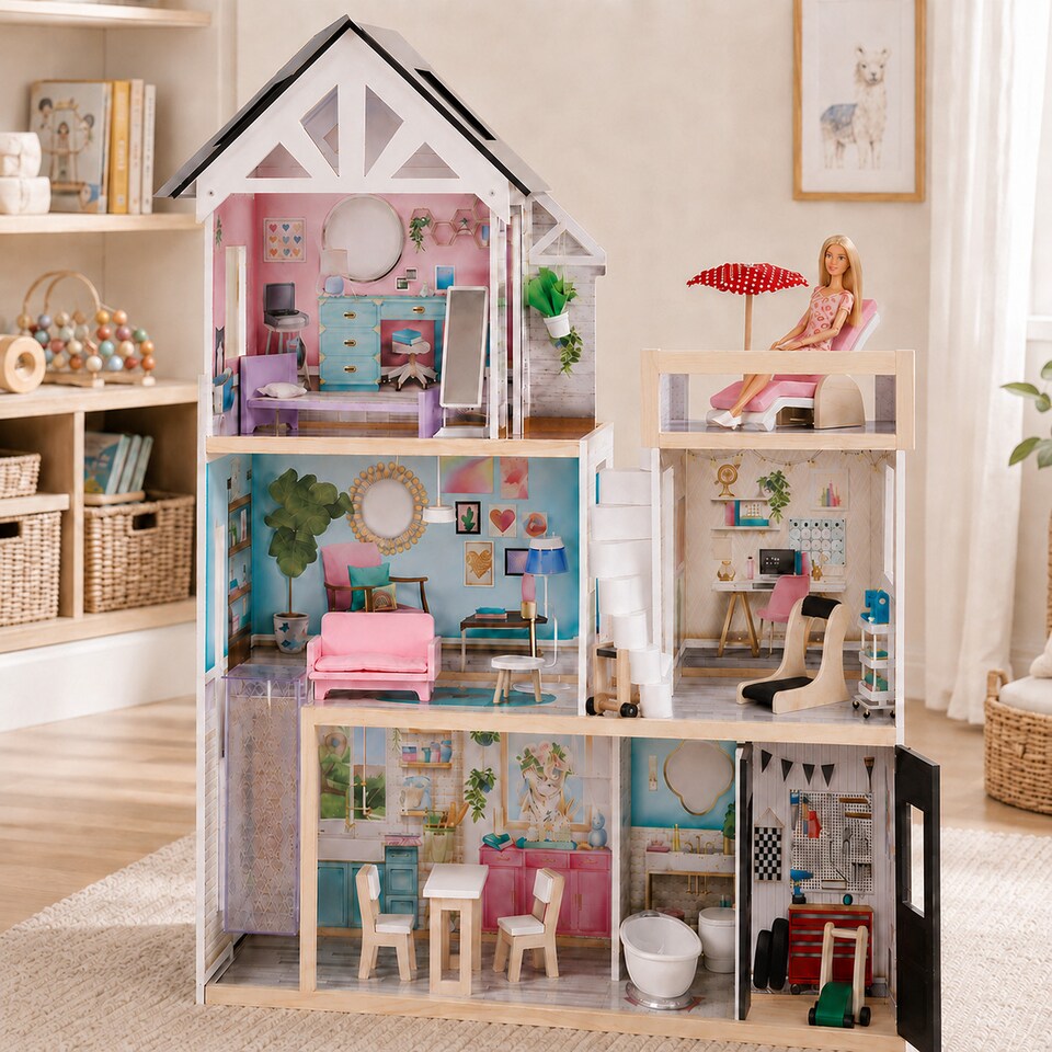 image 1 of Teamson Kids 3-Story Wooden Dollhouse with Accessories, Dreamland Mansion