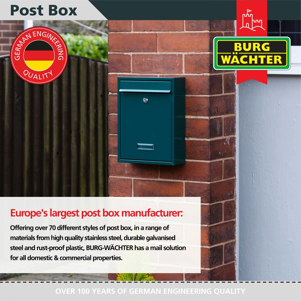 image 1 of Burg-Wachter Trent Wall Mounted Galvanised Steel Lockable Post Box - 26x34x9cm Green