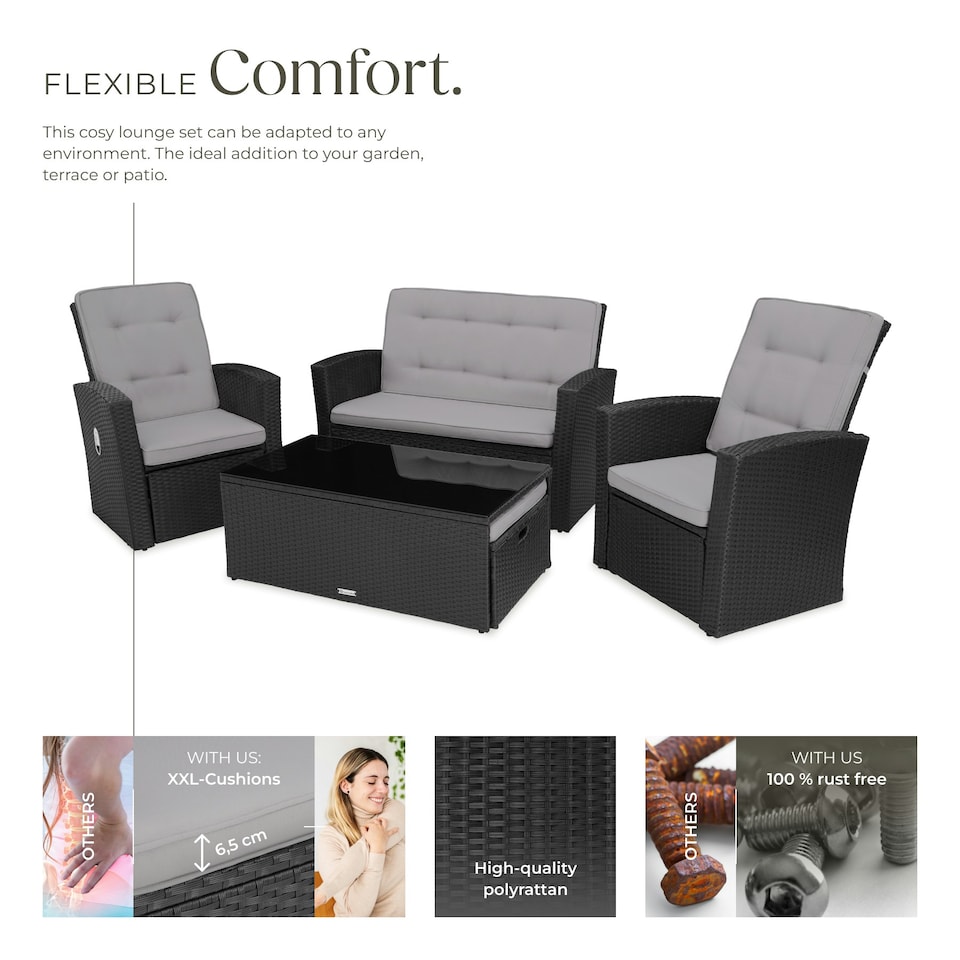 image 1 of Garden Furniture Set Bari - outdoor sofa, 2 reclining armchairs, 2 footstools, table - Black