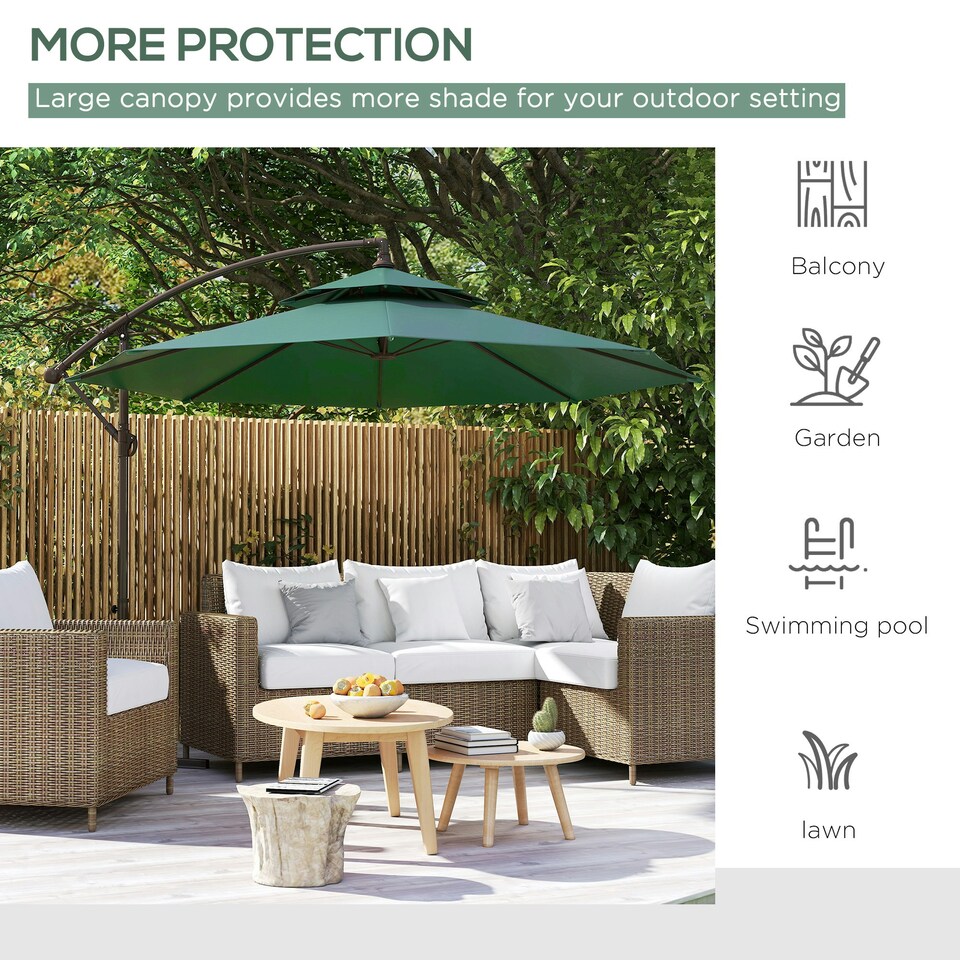 image 1 of Outsunny 2.7m Cantilever Banana Parasol Outdoor Sun Shade w/ Crank, Green