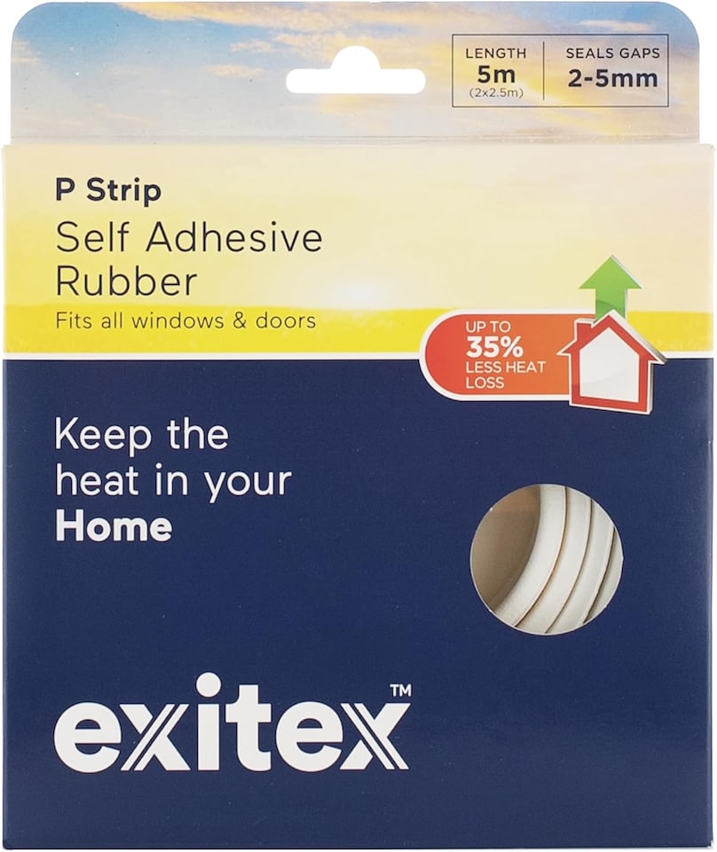 image 1 of Exitex Self Adhesive P Strip Seal 5m Draught Proofing Rubber, Seals Gaps 2mm to 5mm | White