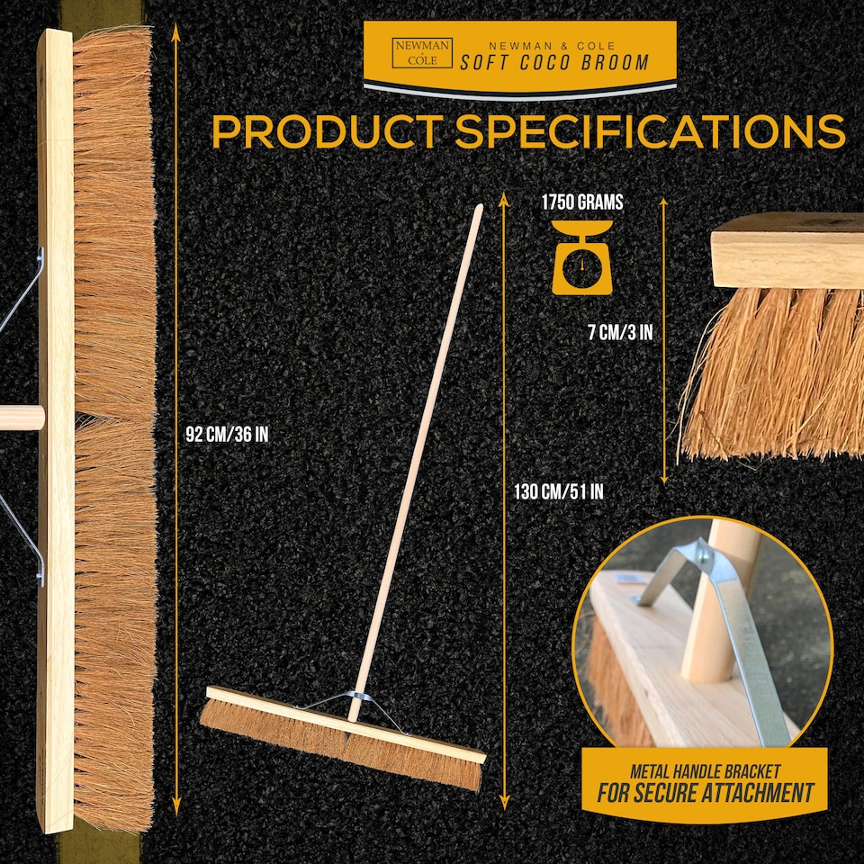 image 1 of 36" Wide Soft Coco Platform Broom 92cm Extra-Large Floor Sweeper with Reinforced Metal Stay